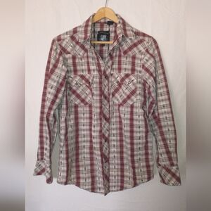 Southwest Rodeo Cowboy Red and White Plaid Button-Up Shirt Small